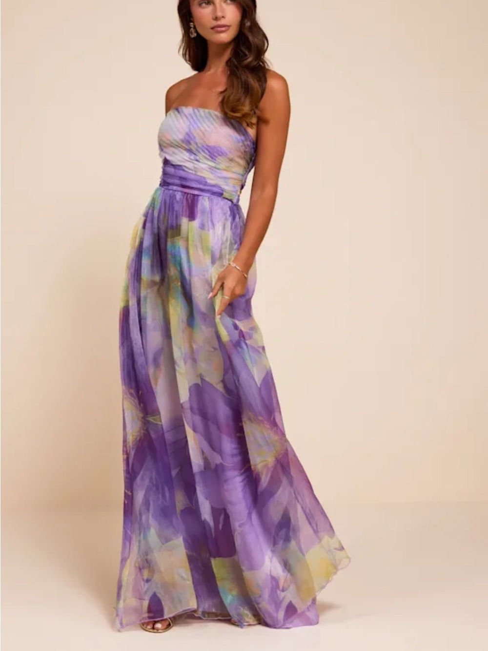Lulus Galilea Purple Multi Floral Strapless Maxi Dress